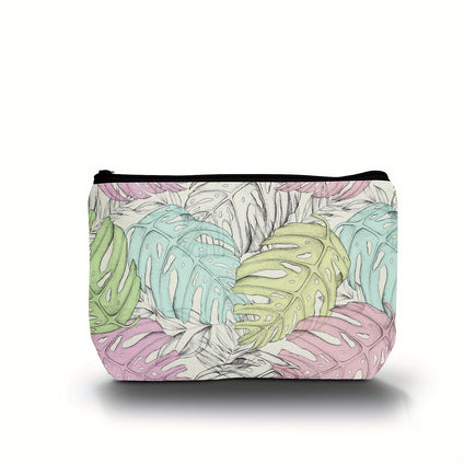 1pc Tropical Plants Print Makeup Bag, Lightweight Zipper Toiletry Wash Bag, Fashionable Pouch Gift For Women