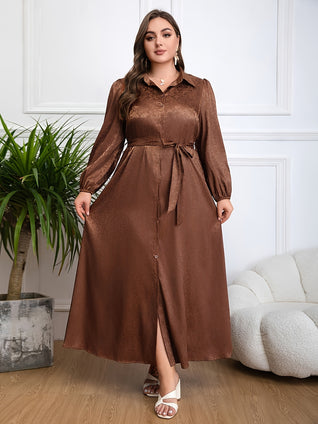 Plus Size Floral Pattern Button Front Belted Dress, Casual Collared Long Sleeve Dress For Spring & Fall, Women's Plus Size Clothing For Ramadan