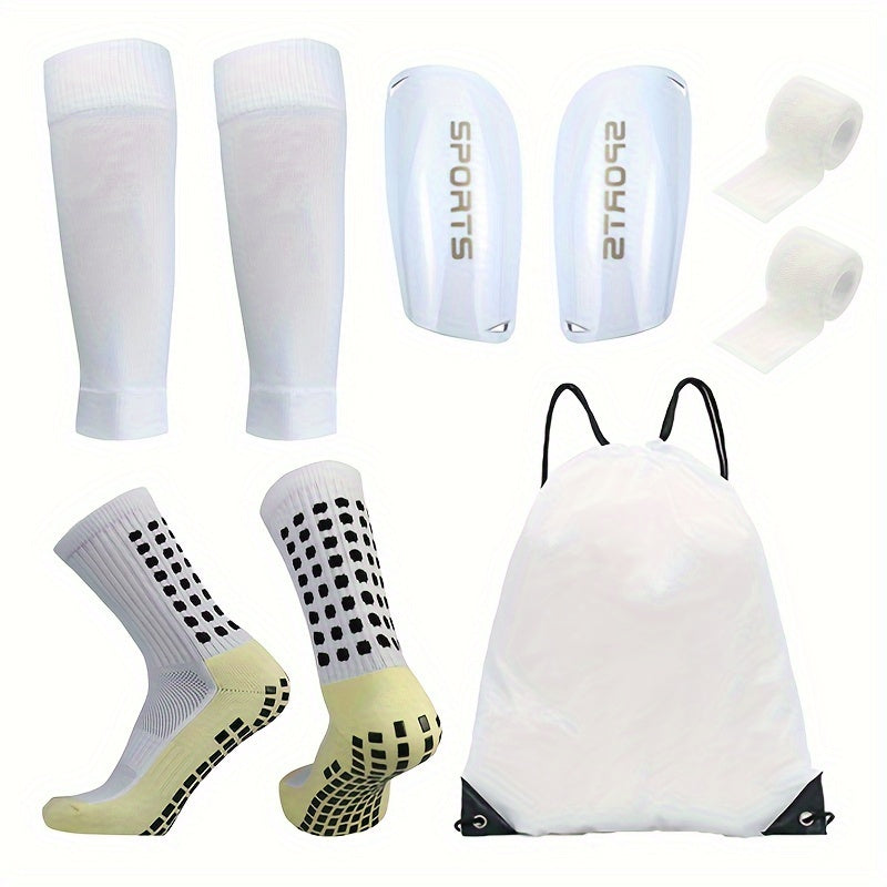 Ultimate 5-Piece Soccer Sports Gear Set with Silicone Grip Socks, Shin Guards, Backpack, and SportsTapes - Premium Quality Polyester and Elastane Knitted Tube Socks - Perfect for Soccer Enthusiasts!