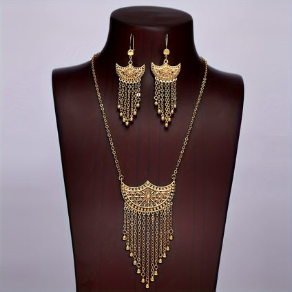 1 Pair Dangle Earrings +1 Pc Necklace With Ramadan Moon Long Tassel Design Copper 18K Plated Jewelry Set Female Gift