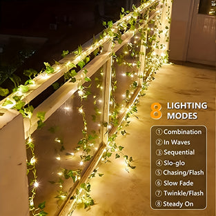 1pc, 10.06meter 100 LEDs Solar Vine String Lights, 8 Modes DIY Solar Ivy Fairy Lights, String Lights, Wedding Party Garden Room Wall Decor Festival Lights, Christmas & Ramadan Halloween Decorations