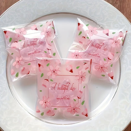 100pcs Pink Cherry Flower Pattern Self-Adhesive Plastic Bags, 15*15cm/5.9x5.9inches, For Candy, Cookies & Baked Goods, Home & Kitchen Use, Aesthetic Treat Packaging For Picnics & Parties