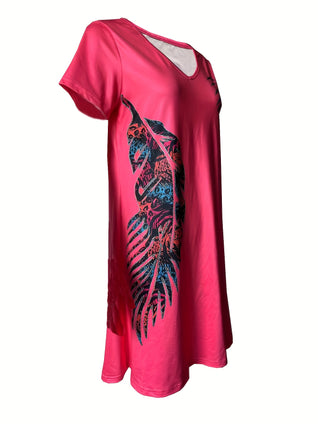 Ethnic Feather Print V-neck Dress, Vintage Short Sleeve Dress For Spring & Summer, Women's Clothing