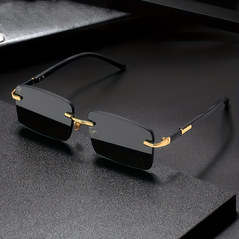 Vintage Stylish Rimless Gold Frame Black Hip Hop Sunglasses for Men