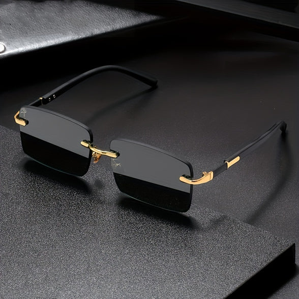 Vintage Stylish Rimless Gold Frame Black Hip Hop Sunglasses for Men