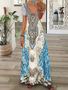 Ethnic Print V-neck Dress, Vintage Short Sleeve Maxi Dress For Spring & Fall, Women's Clothing