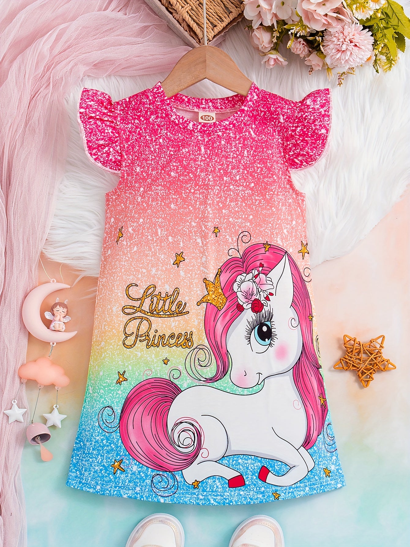 Sweet Girls Cartoon Princess Unicorn Graphic Flutter Trim Dress: Perfect for Summer Parties