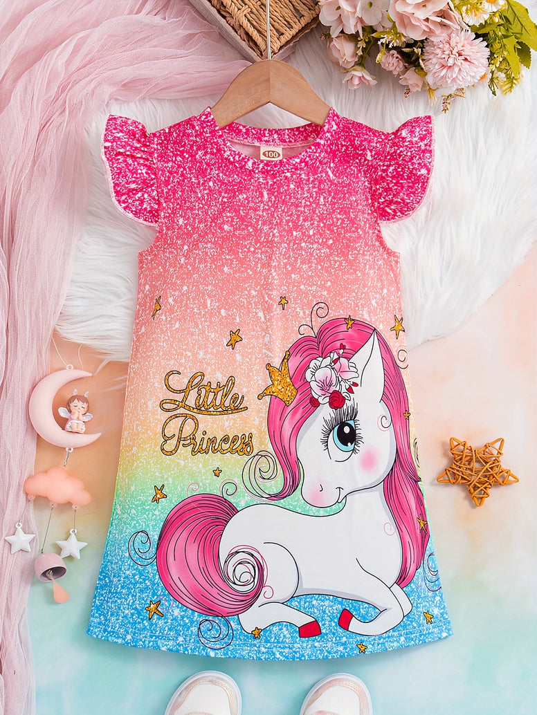 Sweet Girls Cartoon Princess Unicorn Graphic Flutter Trim Dress: Perfect for Summer Parties