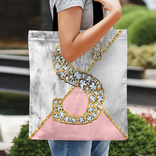 1pc, Marble Geometric Background Shining Diamond Letter S Digital Printed Canvas Bag, Large Tote Top Handle Shoulder Bags, Shopping Travel Work Reusable Portable Tote Bag, Party Supplies, Holiday Supplies