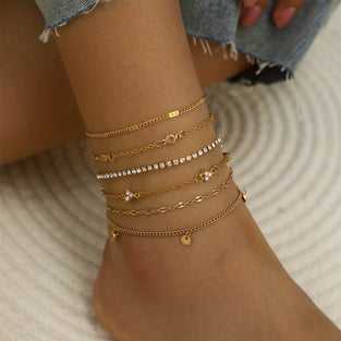 6pcs Thin Chain Anklet Set Inlaid Shiny Rhinestone Stackable Ankle Bracelet Set For Women Girls