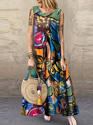 Abstract Print Maxi Dress, Boho Crew Neck Sleeveless Dress, Women's Clothing