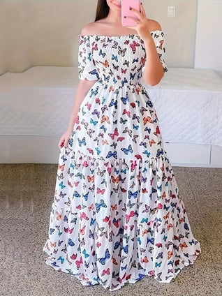 Butterfly Print Off Shoulder Shirred Dress, Vacation Short Sleeve Floor Length Big Swing Dress, Women's Clothing