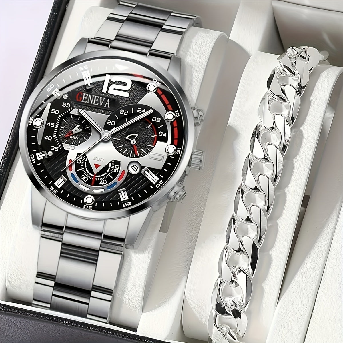 2-Piece Sporty Men's Business Stainless Steel Quartz Wristwatch and Bracelet Set - Father's Day Gift