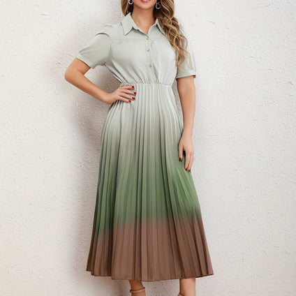 Gradient Pleated Dress, Elegant Button Front Short Sleeve Dress, Women's Clothing