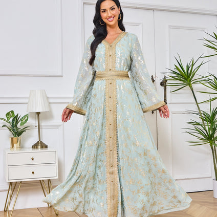 Ramadan Floral Print Belted Kaftan, Elegant V-neck Swing Maxi Length Dress, Women's Clothing