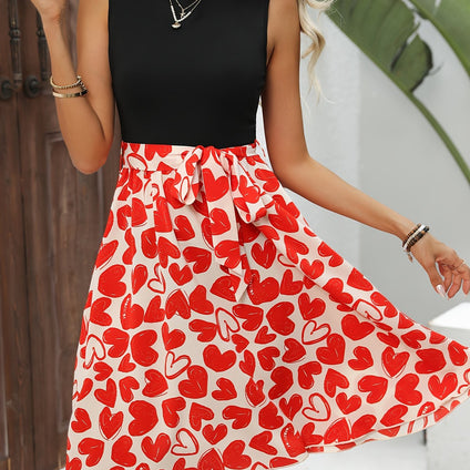 Heart Print Splice Belted Dress, Elegant Sleeveless Crew Neck Dress, Women's Clothing