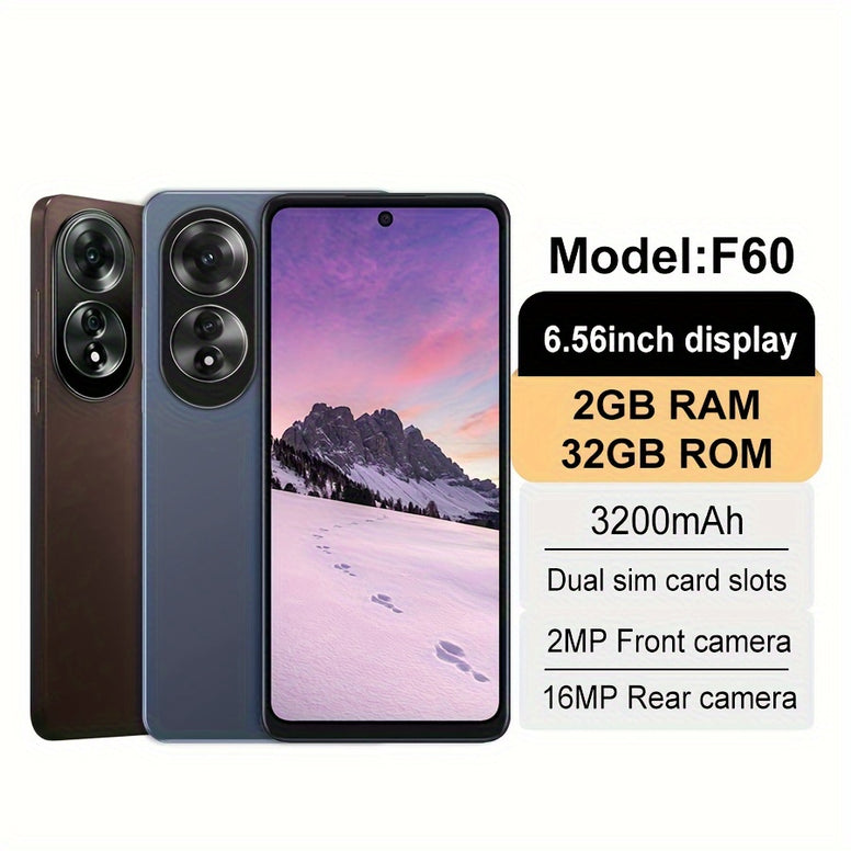 F60 Android Smartphone: 6.<br>56" HD LCD Display, Dual SIM, Face Unlock, 32GB Storage, 2GB RAM, 3200mAh Battery, Wireless, Wifi Enabled, USB-C Charging