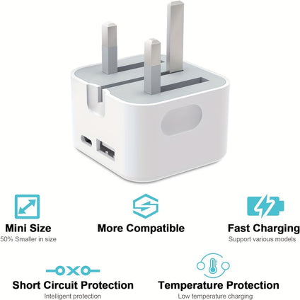 20W Dual Port USB C Wall Charger with Foldable Plug - Fast Charging Power Adapter for iPhone 15/15 Pro/15 Pro Max/15 Plus/14/14 Pro/14 Pro Max/13/12/11, iPads, Samsung - Travel Ready, British Specification Plug, No Battery, Overheat & Short Circuit Protec