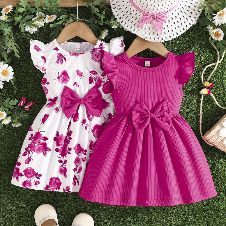 Adorable 2pcs Baby's Bowknot Decor Cap Sleeve Dress - Perfect for Baby Girls in Summer and Holidays