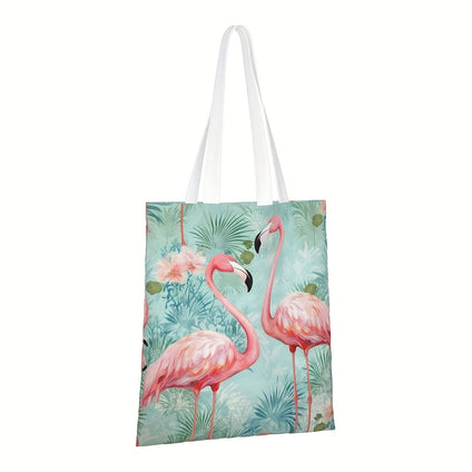 1pc, Tropical Pink Flamingo Stripe Floral Oversized Canvas Shoulder Tote Top Storage Handle Bag For School Gym Beach Weekend Travel Reusable Grocery Shopping, Large Tote Top Handle Shoulder Bags, Shopping Travel Work Reusable Portable Tote Bag