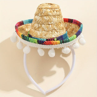 1pc Mini Sombrero Party Hats Mexican Hat, Plush Ball Decor Hat Straw Hat Mexican Party Decorations Tiny Hat Straw Hat For PET Fiesta Party