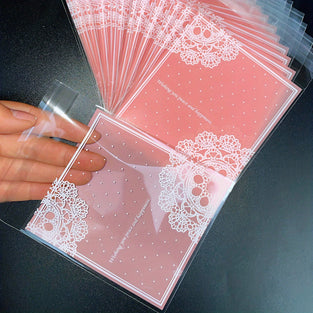 1 Pack Pink Lace Printed Large Self-adhesive Bags, 24.13x34.8cm/9.5x13.7inches, Decorative Clear OPP Bags With Durable Seal, Perfect For Cookies, Candy, Small Gifts, Party Favors, Wedding And Festival Decorations