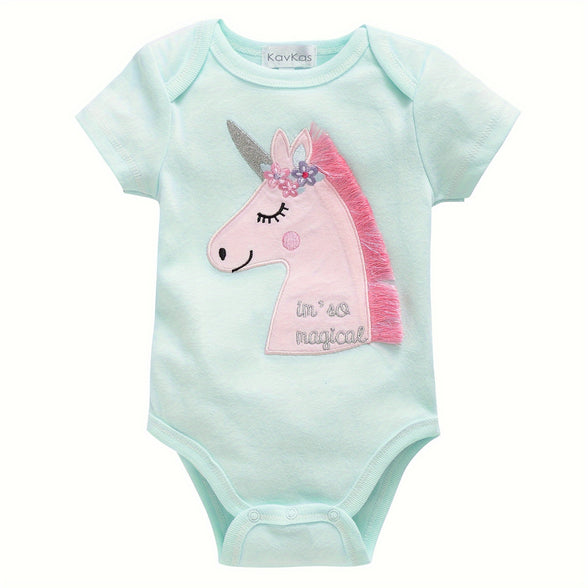 3pcs Baby's Unicorn-Themed Cotton Triangle Bodysuit Set: Comfy Short Sleeve Rompers for Everyday Wear