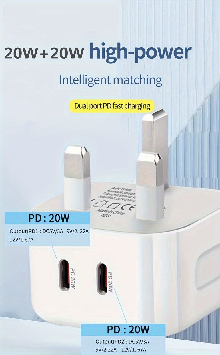 Fast Charging Dual 20W USB-C Charger for iPhone 15 with Type-C Nylon Cable - Total 40W Power Adapter