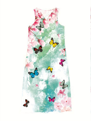 Butterfly Print V Neck Dress, Elegant Sleeveless Maxi Dress For Spring & Summer, Women's Clothing