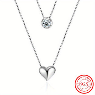 925 Sterling Silver Exquisite Heart & Round Shape Zircon Double Layer Chain Necklace Fine Jewelry Ladies Accessories