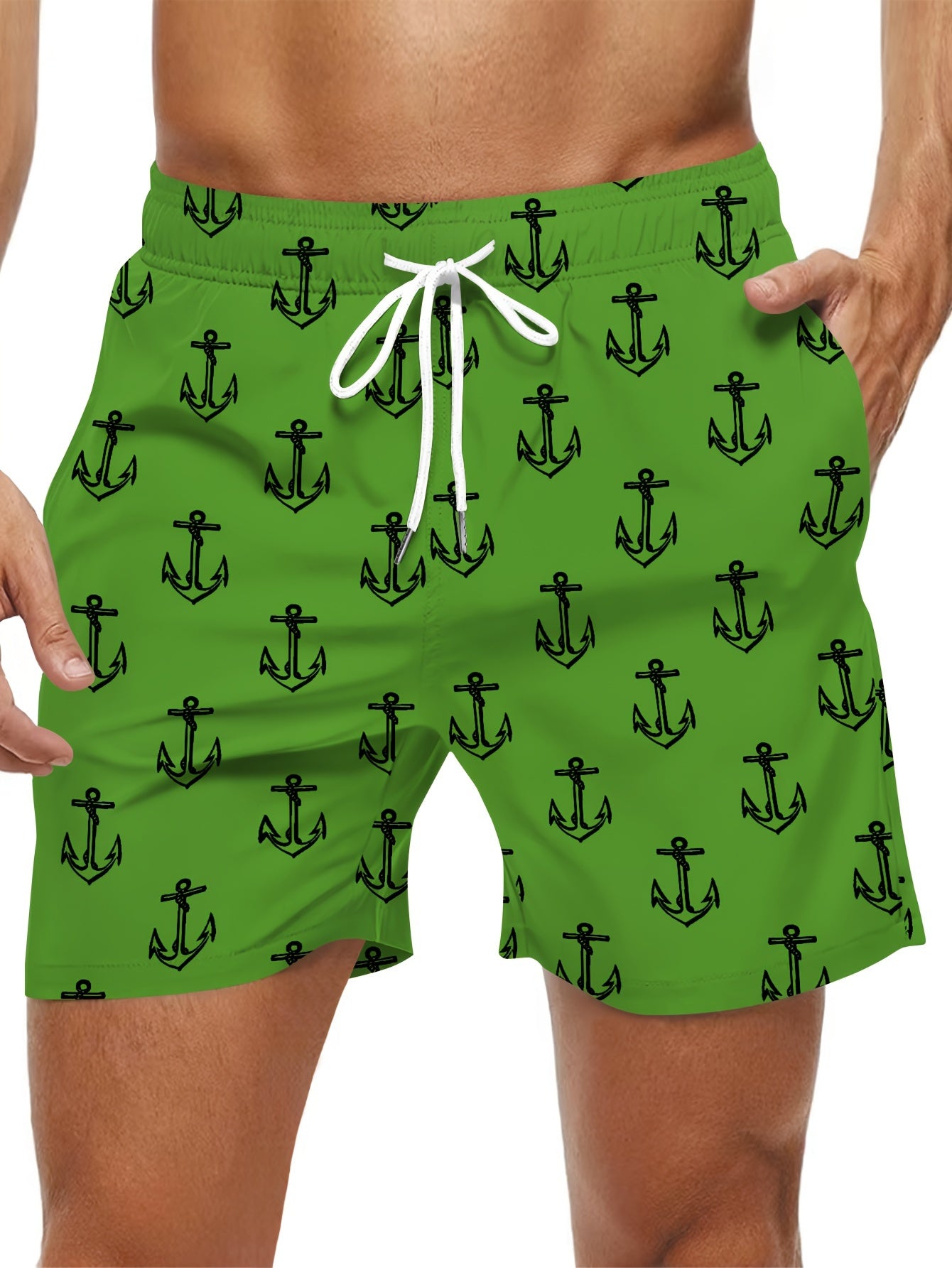 Men's Trendy Hawaiian Anchor Print Swim Shorts for Summer Fun