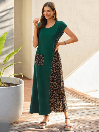 Contrast Leopard Crew Neck Dress, Elegant Short Sleeve Dress For Spring & Summer, Women's Clothing