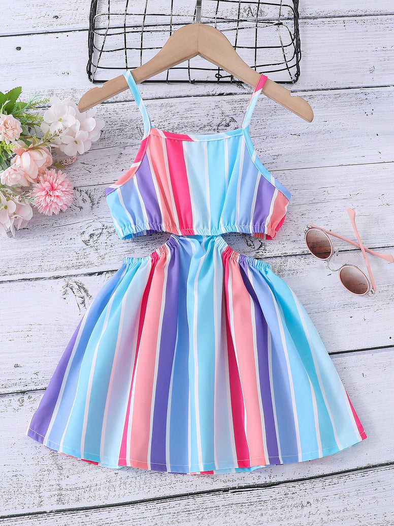 Summer Breeze: Girls' Striped Cut-Out Dress for Sunny Days