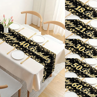 1pc, Black Golden Happy Birthday Table Runner, 18 21 30 40 50 60 Years Old Polyester Table Flag Banner, Happy Birthday Party Decoration Adults 30th 40th 50th 60th Anniversary Retirement Party Birthday Supplies