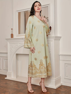 Ramadan Floral Bronzing Print V Neck Kaftan, Modest Long Sleeve Maxi Dress, Women's Clothing