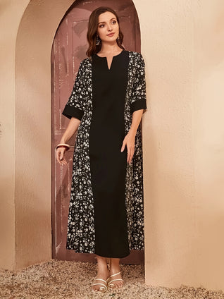 Floral Print Color Block Dress, Elegant Notched Neck 3/4 Sleeve Dress For Spring & Fall, Women's Clothing