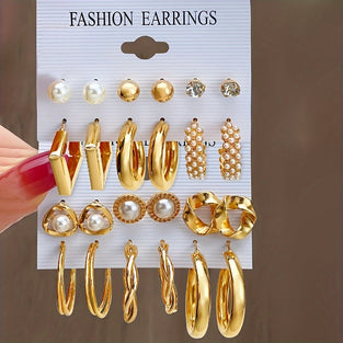 12 Pairs/ Set Golden Stud Earrings & Hoop Earrings Simple Leisure Style Zinc Alloy Jewelry Trendy Female Gift