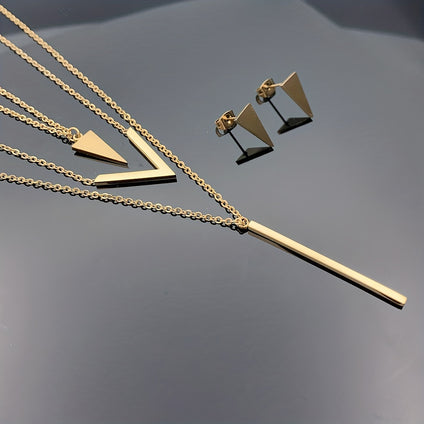 3pcs Stainless Steel Long Strip V-shaped Geometric Pendant, Multi-layer Necklace, Triangle Earrings, Birthday Holiday Gift, Clothing Decoration, Party Accessories