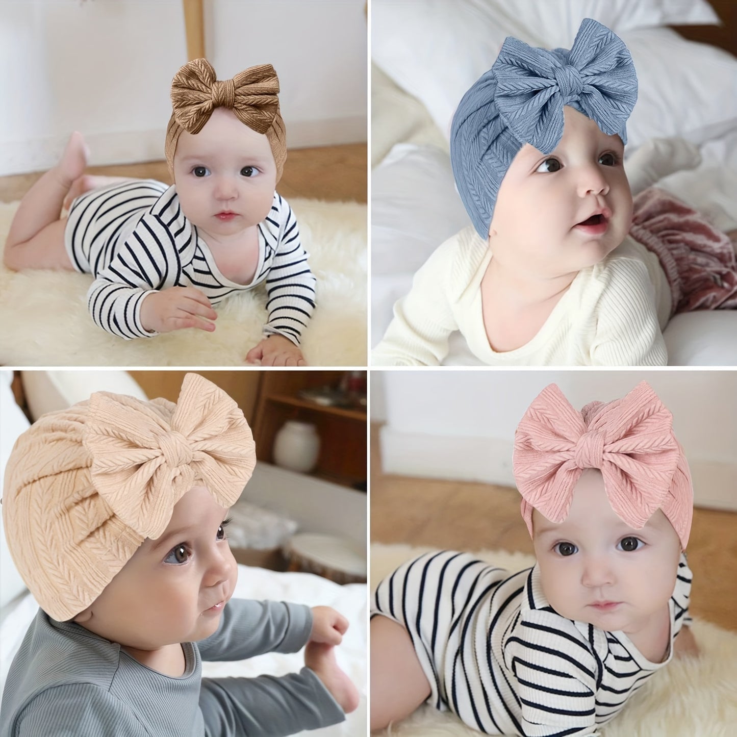 3PCS Four-Sided Elastic Baby Plain Color Hats with Bowknot for Baby Girls - Cute and Stylish Accessories