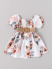 Summer Floral Print Toddler Baby Girl Off-Shoulder Lantern Sleeve Swing Dress with Customized Belt