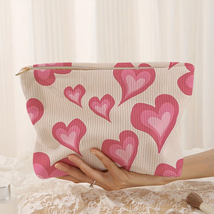 Heart Pattern Corduroy Makeup Bag, Lightweight Zipper Storage Bag Sweet Style Cosmetic Bag Versatile Toiletry Bag