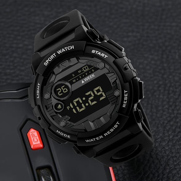 Sporty Digital Watch: Alarm, Calendar, 12/24 Hour Display, Water-Resistant, Light-Up Feature