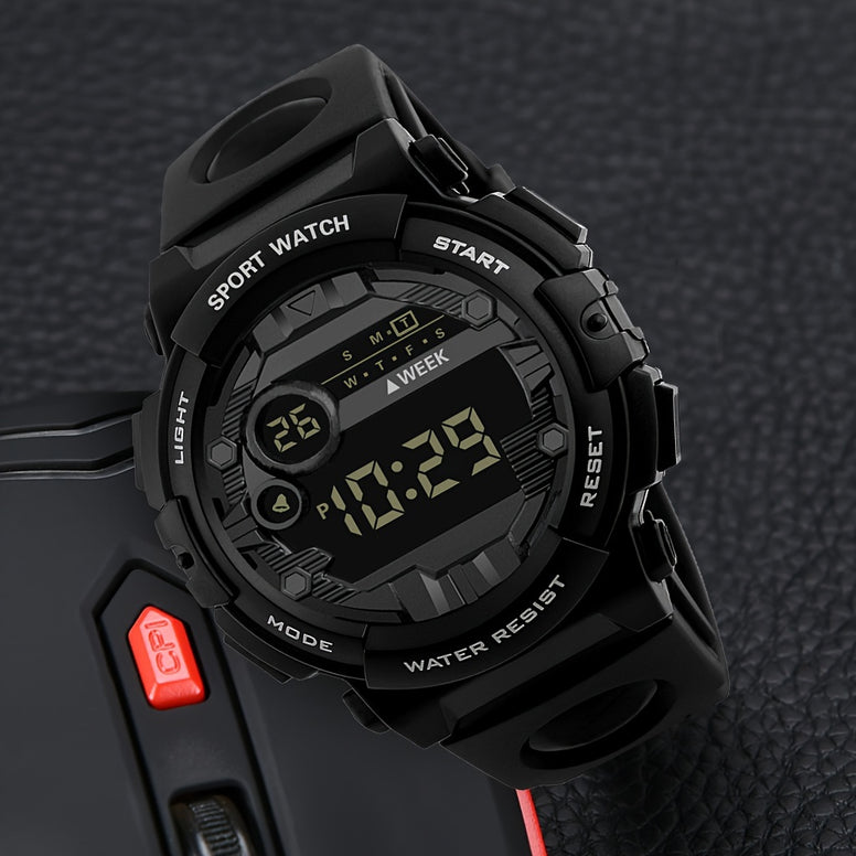 Sporty Digital Watch: Alarm, Calendar, 12/24 Hour Display, Water-Resistant, Light-Up Feature