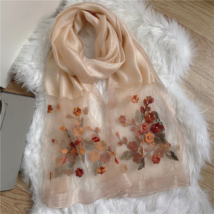 70.1cm×190.5cm Imitation Silk Scarf Floral Embroidered Beaded Thin Scarves Shawl Beach Towel Sunscreen Head Wrap Windproof Hijab