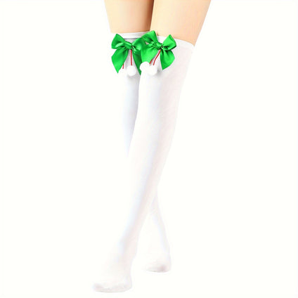 1pair, Exquisite Adorable Pure Colors & Striped Stockings, Christmas Socks With Bows, Over Knees Long Stockings For Teens Girls, Halloween Christmas Cosplay Costume Props, Party Play Decors Photography Props, Stage Performance Accessories