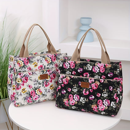 1pc Fashion Floral Print Tote Bag, Portable Canvas Lunch Bag, Casual Handbag & Bento Mommy Bag For Picnic Travel