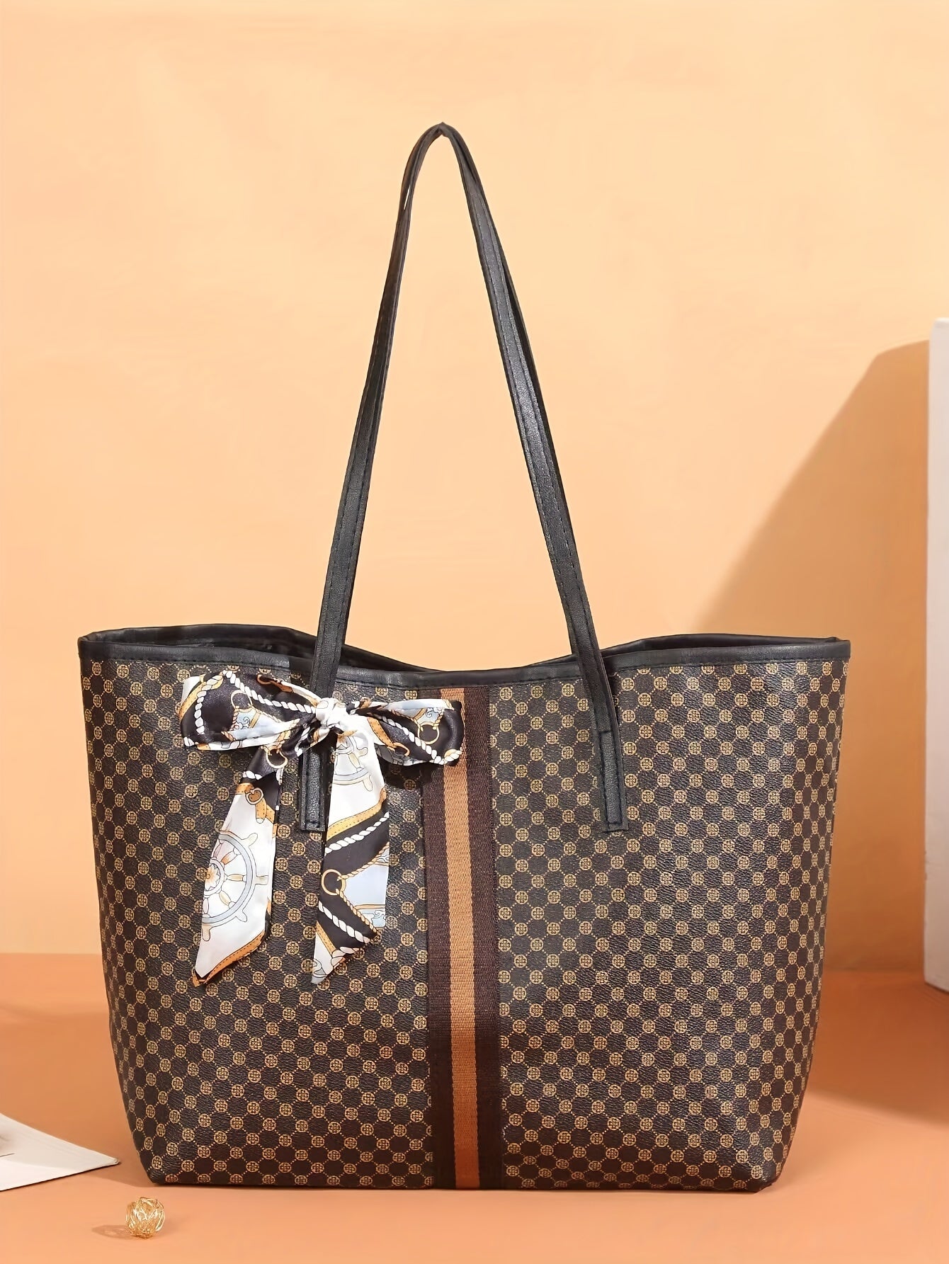 Chic Polka Dot Tote Bag with Matching Scarf Accent - Stylish and Spacious Handbag for Women