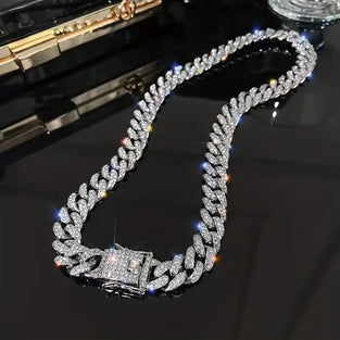 Sparkling Rhinestone Cuban Chain NecklaceBracelet Set in Zinc Alloy