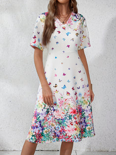 Butterfly Print V Neck Dress, Versatile Short Sleeve Dress For Spring & Summer, Women's Clothing