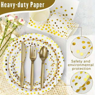 100pcs, Party Supplies, White And Golden Dot Paper Plates, Cups, Napkins, For Birthdays, Graduation, Wedding, Festivals, Mother's Day, Cocktail Party, 25sets For 25 Guests (Without Forks Knives Spoon)